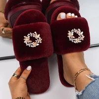 crystal wreath decor faux fur cozy slippers for women luxury rhinestone fur sandals winter indoor slides flip flops flats shoes
