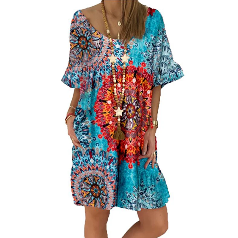 

Women's Summer Sunflower Print Sundress Casual Loose Beach Boho Dress Retro Short Sleeve Tshirt Oversize Pullover Dresses S-5XL