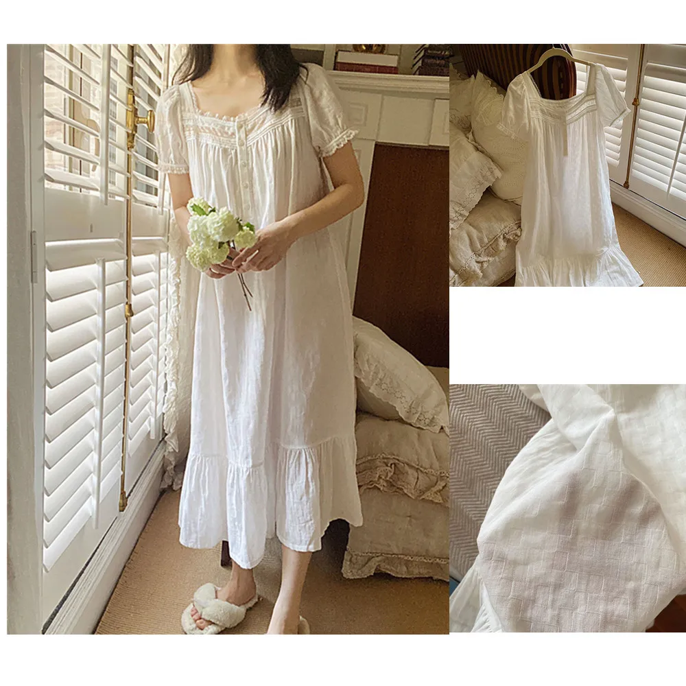 Short Sleeves Nightgown For Women Soft Pure Cotton White Nightie Summer Breathable Lace Night Dress Long Mid-Calf Loose Homewear