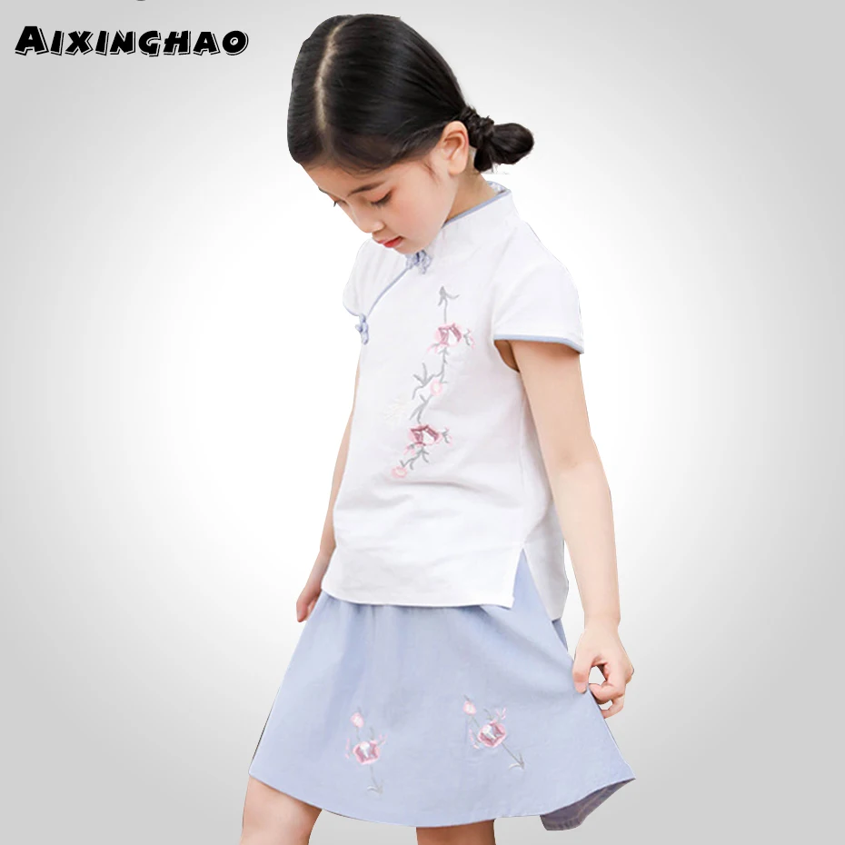 Одежда для девочек рубашка с цветочной вышивкой + юбка детская одежда из 2