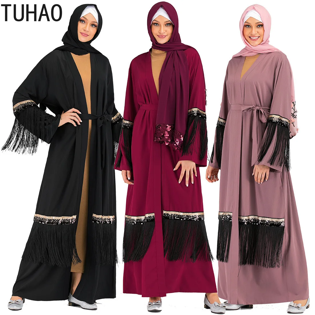 

TUHAO Plus Size Sequined Tassel Muslim Abaya Long Sleeve Black Dresses Elegant Women Cardigan Long Dress Ramadan Robe WM19