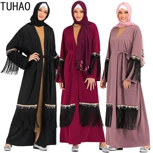 TUHAO Plus Size Sequined Tassel Muslim Abaya Long Sleeve Black Dresses Elegant Women Cardigan Long Dress Ramadan Robe WM19