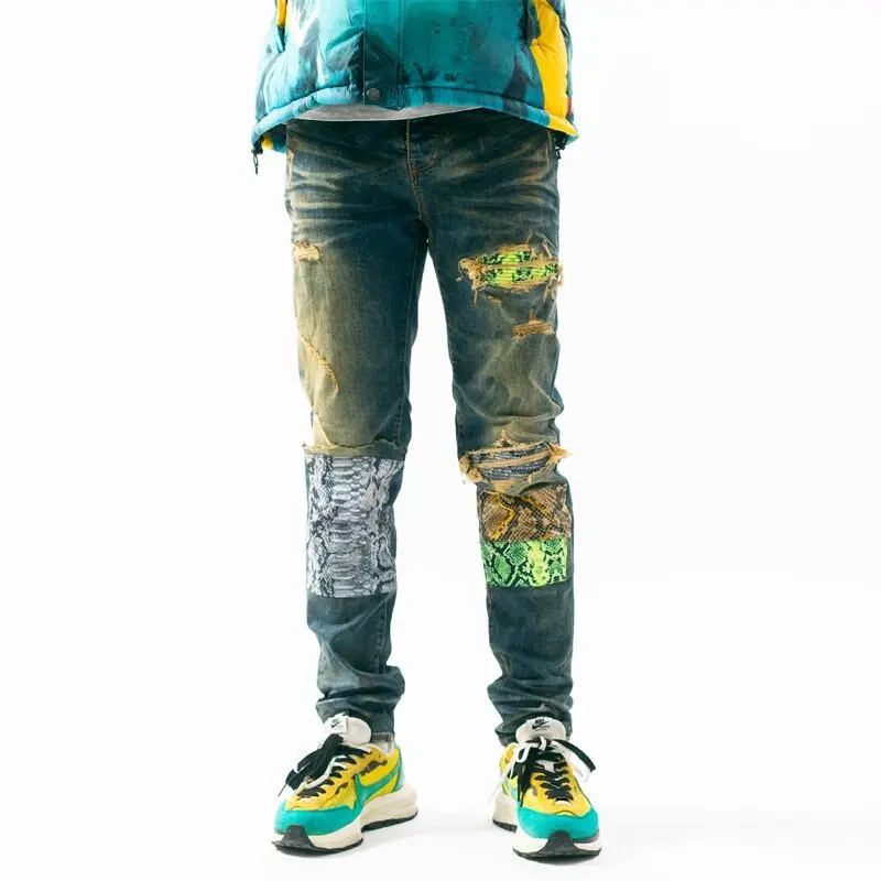 

2021 New Men's High street Stretch Skinny Jeans Retro patch jeans