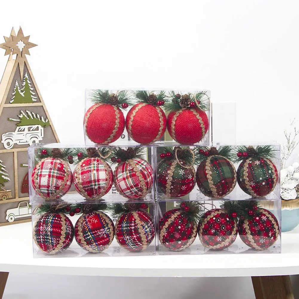 

3pcs Red Plaid Painted Balls Christmas Tree Ornaments Gift PVC Ball Hanging Holiday Party Decor Xmas Pendant Drop Ornament
