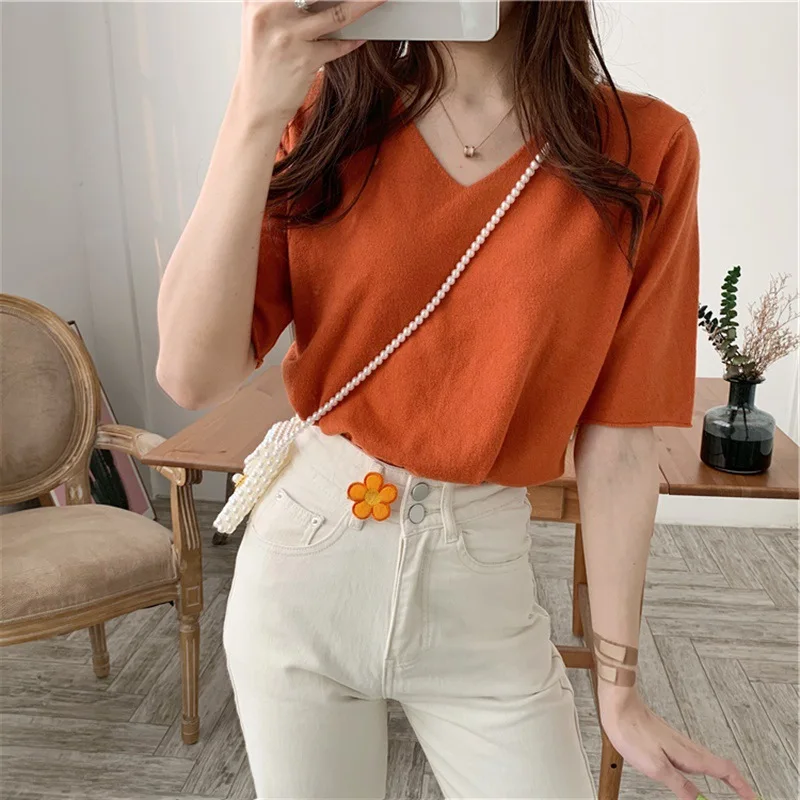 Korean knit solid color short-sleeve ice silk T-shirt Women Tops 2020 Summer T Shirt for Black White Shirts tops | Женская одежда