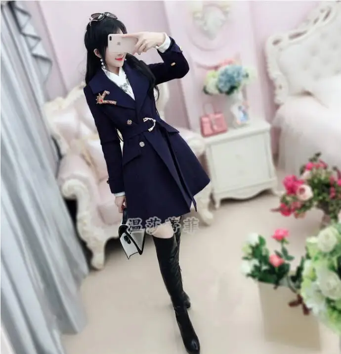 2021 New Spring And Autumn Women Coat Dark blue embroidered long-sleeved woolen coat female slim winter | Женская одежда
