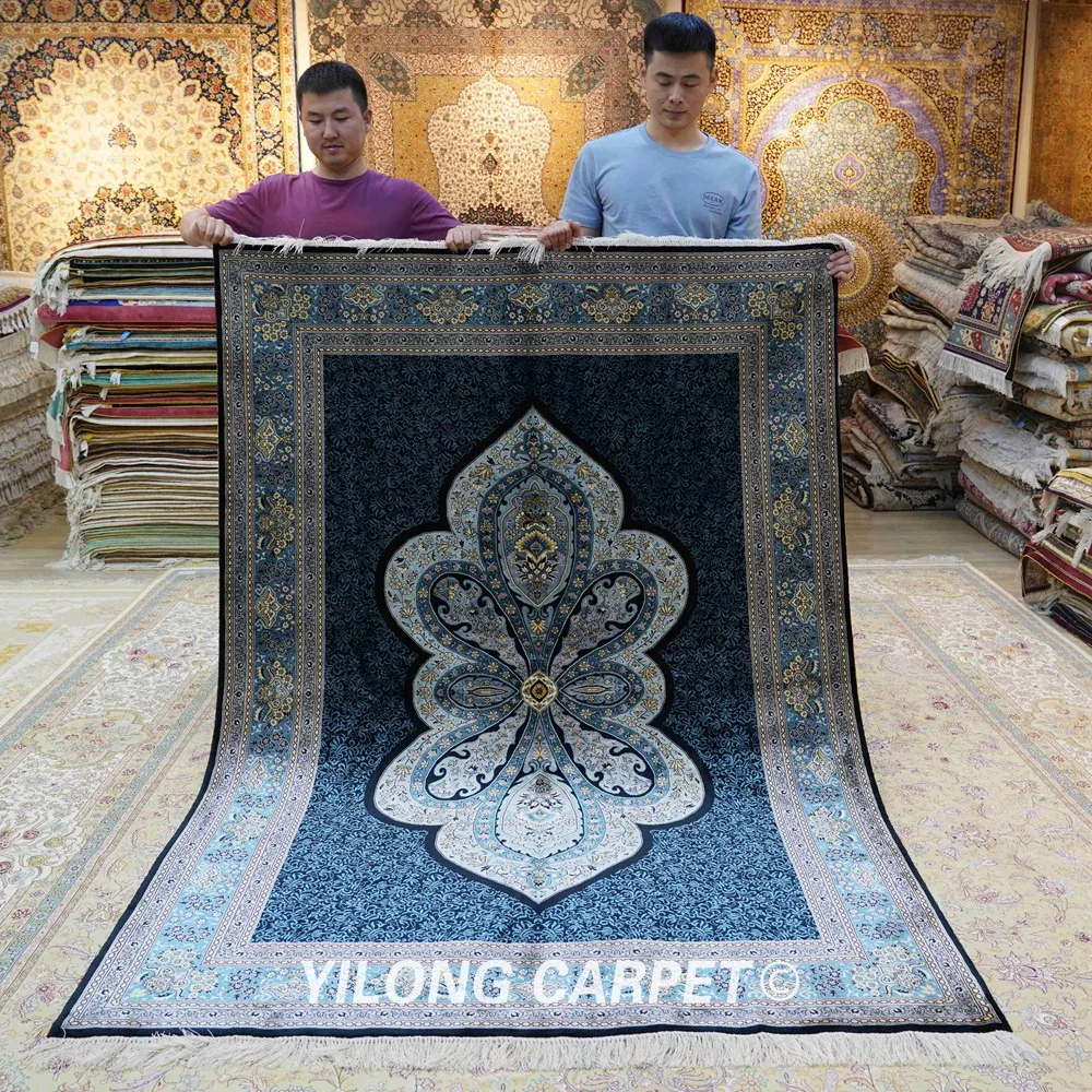 

Yilong 5 'x 7' персидский шелковый синий ковер ручной работы турецкий Восточный медальон ковер (YWX122A)