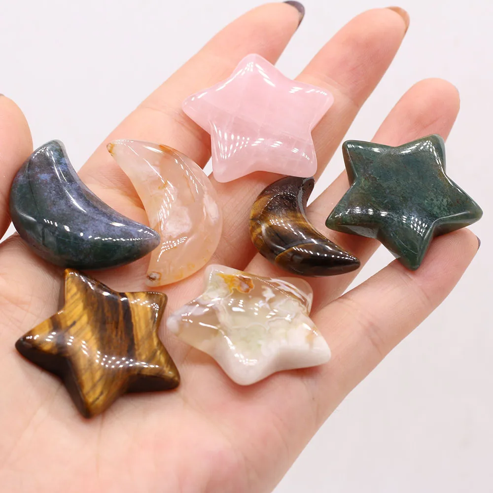 

Natural Stone Gem Rose Quartz Amethyst Agate Star Moon Shape Home Aquarium Decoration Ornaments Birthday Opening Gift 33x33mm