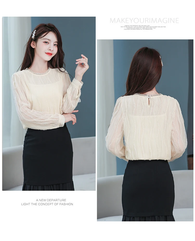 

Houthion Chiffon Women's Blouses Solid Shirt Casual Long Sleeve Top O-neck Loose Summer Fashion Blouse Lace Regular Full