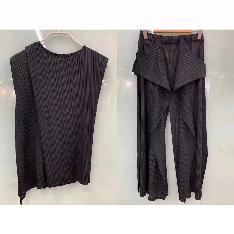 Miyake складные штаны костюм футболка широкие штанишки сплошной цвет плиссированный набор женский свободный размер Solo распродажа летний специальный дизайн
