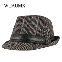 wuaumx unisex autumn winter jazz hats men women retro plaid panama hat fold wide brim fedoras hat for male casual bowler caps