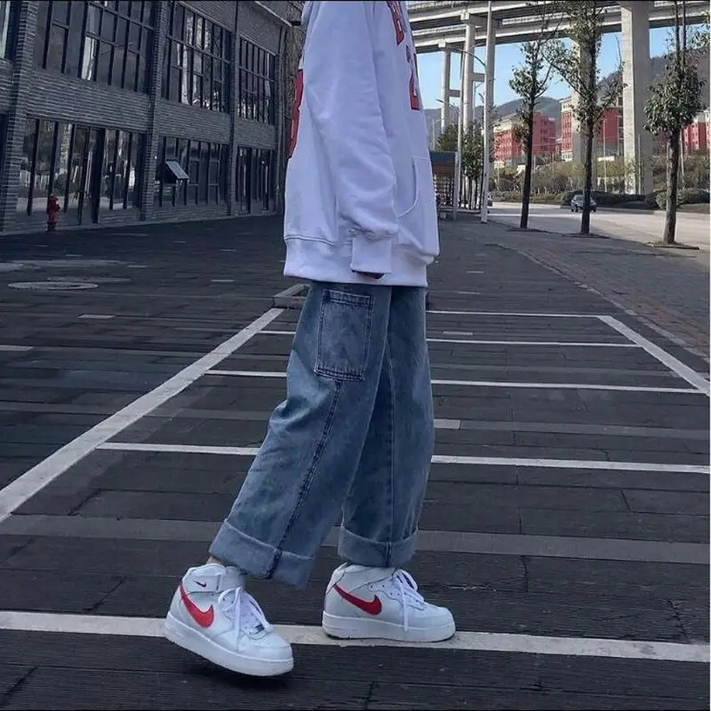 

2020 Autumn Women Light Denim Trousers Vintage Wide Leg Korean Straight Long High Causal Waist Jean Casual Loose Pants E349