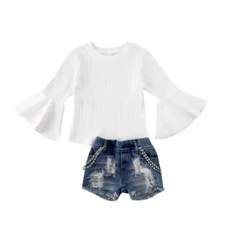 

2020 Детские комплекты одежды для маленьких девочек белые вязаные топы с расклешенными рукавами + джинсовые штаны весенний комплект одежды и...