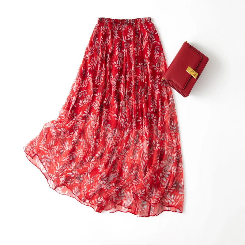 

SuyaDream A-Line Long Skirt Woman 2021 Spring Summer Beach Style Floral Print Red Skirt