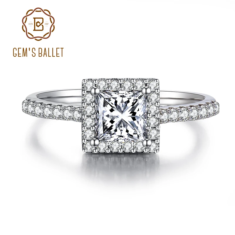 GEM'S BALLET 585 14K 10K 18K Gold 925 Silver Ring 1.0Ct 5*5mm Classic Princess Halo Moissanite Wedding Engagement Ring For Women