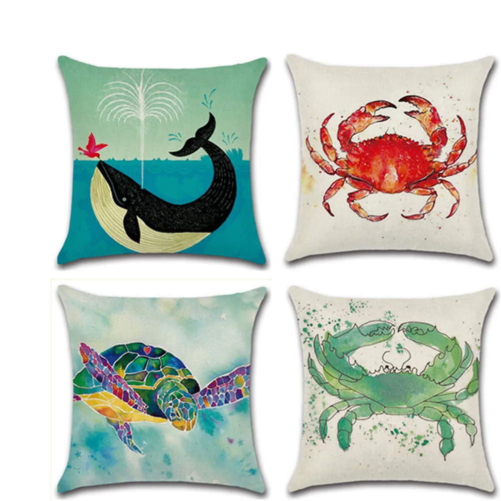 

New Sea Animal Linen Pillow 45*45cm Whale Crab Sea Turtle Pattern Home Sofa Living Room Decoration Pillow