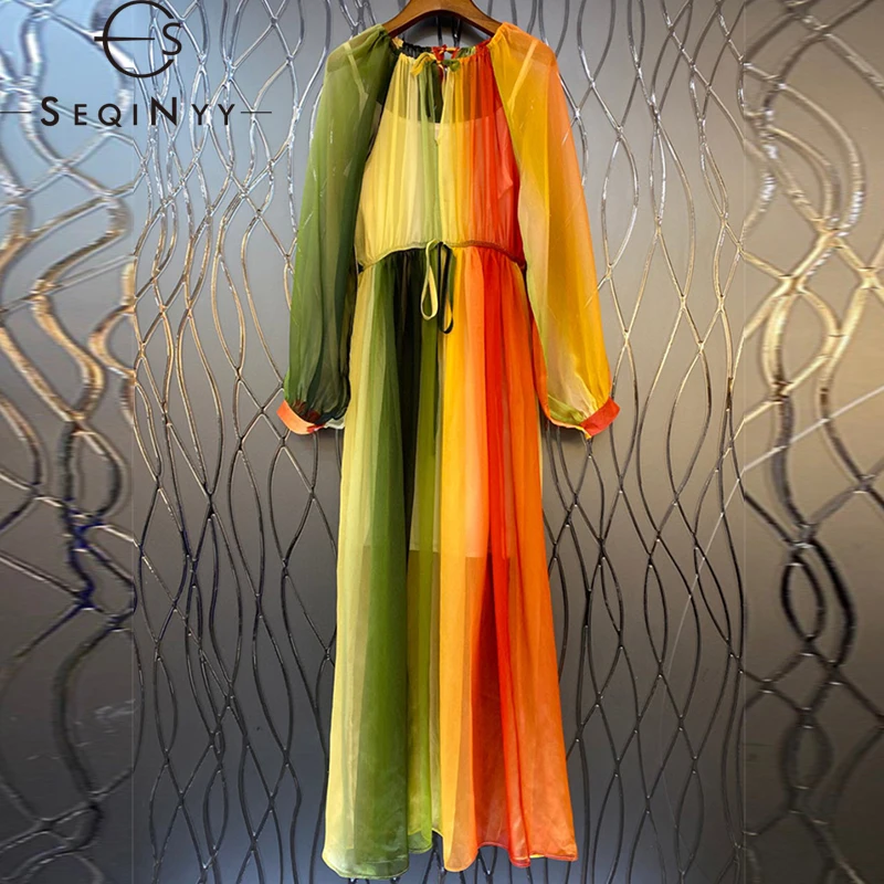 

Шифоновое длинное платье SEQINYY, летнее, весеннее, новое, модное, дизайнерское, женское, подиумное, уличное, в полоску, с радужным принтом, ТРАПЕ...