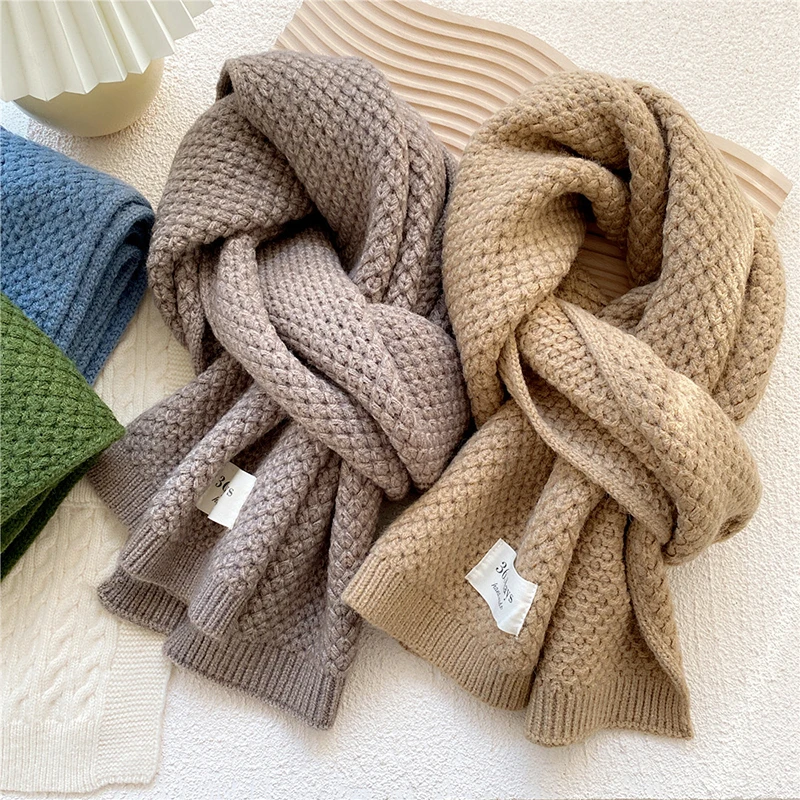 

New Thick Warm Scarf For Women Pure Color Ladies Knitted Woolen Black Pink Camel Scarf Female Winter Long Shawls Scarves