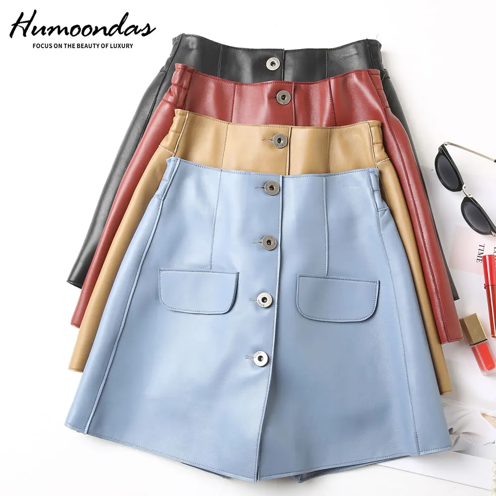 

2020 New Womens Sheepskin Skirt High Waist A-Line Package Hip Skirt Khaki Culottes Mini Button Skirt