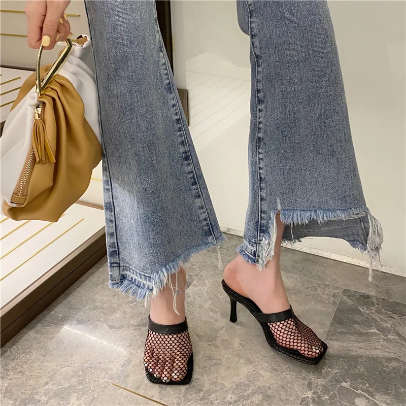 Летние женские туфли без задника Дизайнерские на высоком каблуке с вырезами