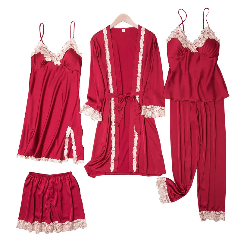 

5PCS Sleepwear Lace Trim Pajamas Set Women Kimono Gown Satin Sleep Set Sexy V-neck Nightwear Female Casual Pyjamas Suit