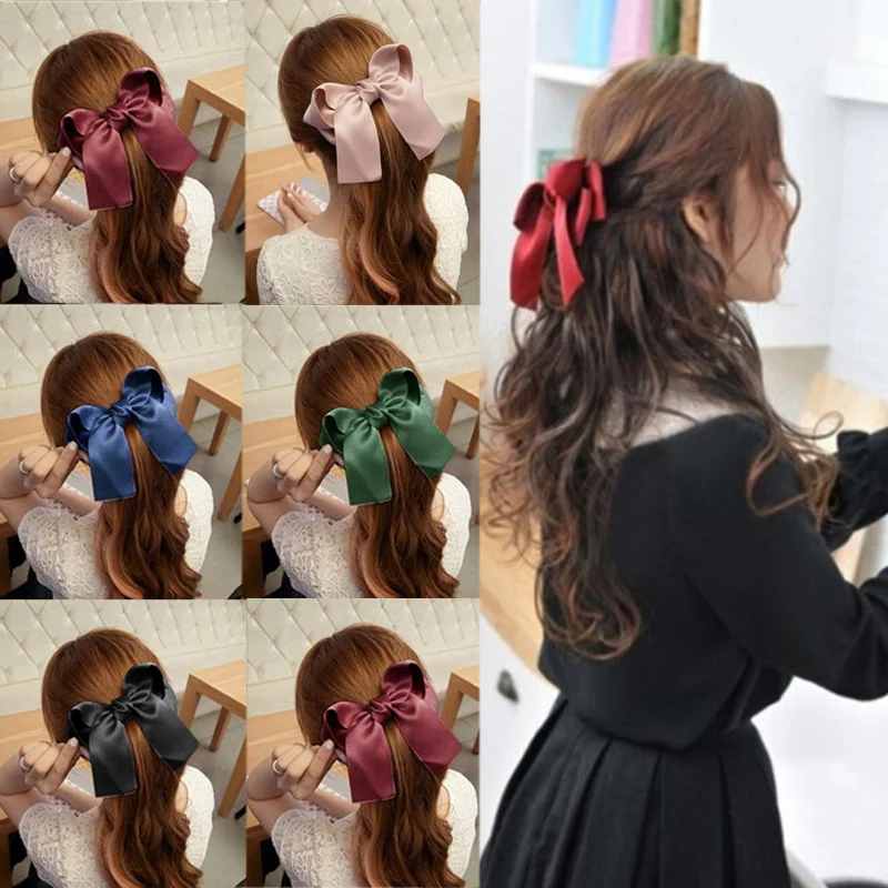

Classic Large Long Satin Hair Clip Fashion Ponytail Hair Tie Scrunchies Women Girl Ladies Casual Hair Clip Big Wild Bow Hairpin