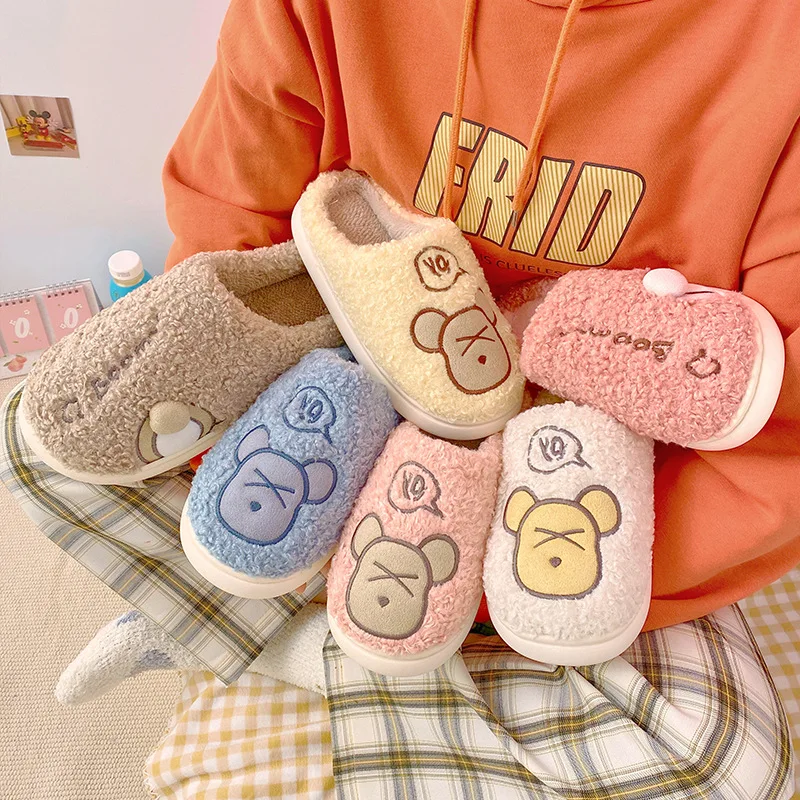 

Flat Shoes for Women Cartoon Plush Cotton Slippers Female Winter Cute Home Indoor Warm Cotton Drag Soft Cute Couple Cotton Shoes