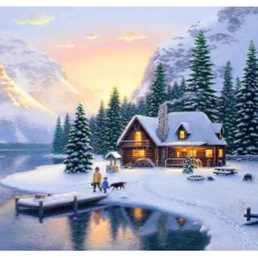 

Diamond Painting 5D DIY Square/Round Diamond Landscape Painting Moon Lake Snow House Beautiful Scenery Picture Decorations TX709
