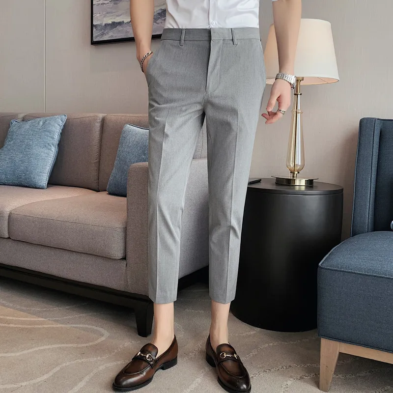 

Мужские деловые брюки, летние облегающие брюки до щиколотки, Офисная уличная одежда, однотонные брюки кэжуал цветов