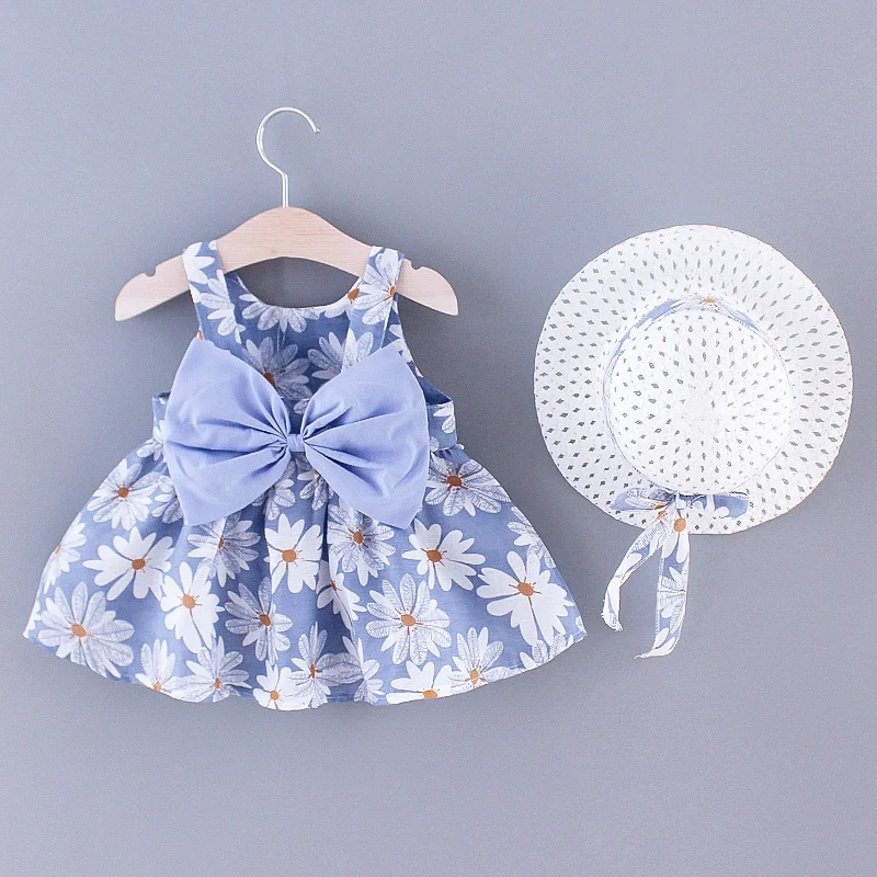 

2021 New Fashion Baby Girl Dres Princ clothing Cute 2pcs set Party Cotton Flower Children Bow Hat Sleevel Sweet 1-3Y