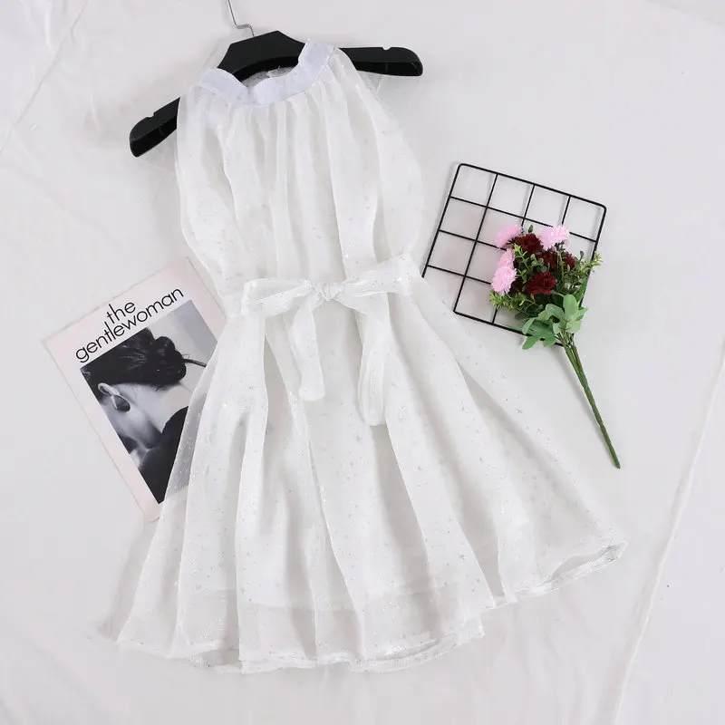 White Dress Элегантное женское летнее платье из органзы со звездным принтом, пышное женское платье с бретельками на шее, без рукавов, на шнуровке, Бандажное шифоновое бальное платье, цельное платье - Цвет: White Dress