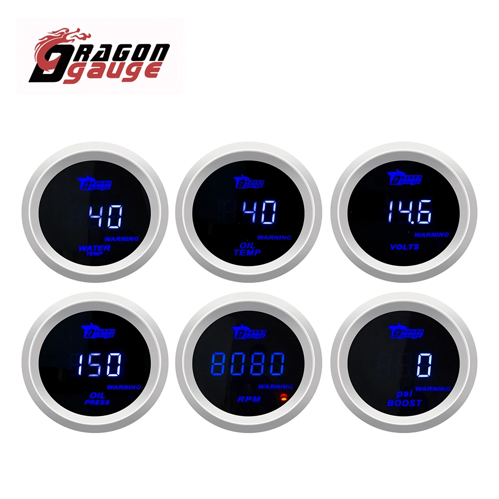 

DRAGON GAUGE 2" 52mm Tachometer PRM Boost Voltmeter Water Temp Oil Temp Oil Press LED Digital Display Car Gauge Fit for 12V Car