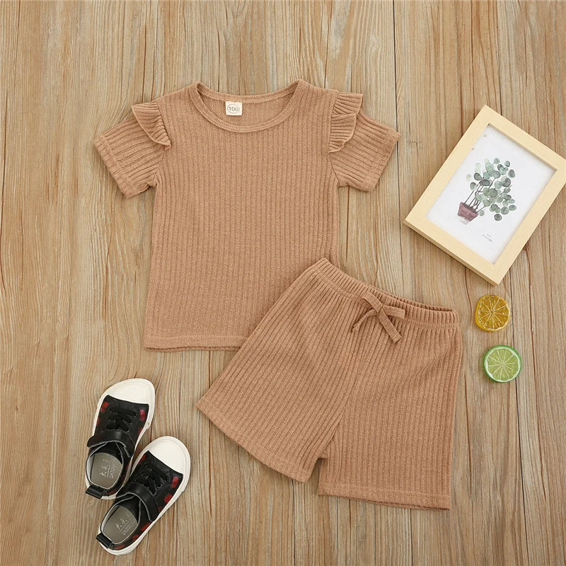

2Pcs Little Girlâ€™s Cotton Fly Sleeve and Shorts Set Fresh Solid Color O-Neck Summer T-shirt and Elastic Short Pants,2-7 Years