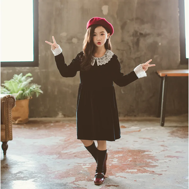 

2023 Teen Baby Dresses Autumn Spring Girls Teenager Party Dress Lace Patchwork Long Sleeve Big Kids Clothing Red Black Autumn