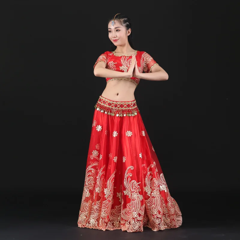 

4 Colors Belly Dance Outfits Indian Dance Embroidered Bollywood Costume Set Long Skirt Top Belt Sari 4pcs Festival Performance