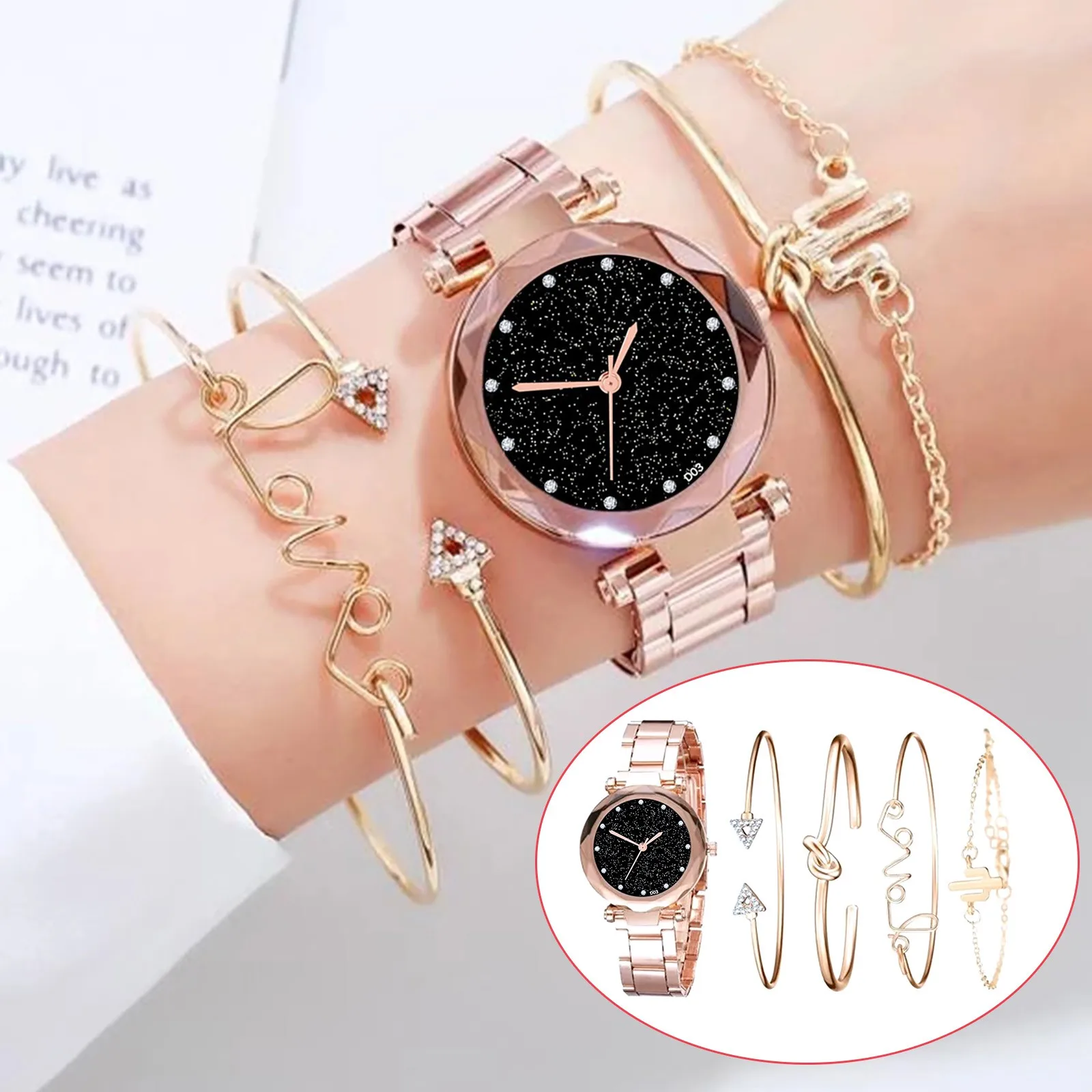

Luxury Brand Rose Gold Starry Sky Dial Watches Women Luminous Crystal Bracelet Quartz Wrist Watch 5 Pcs Set Relogio Feminino