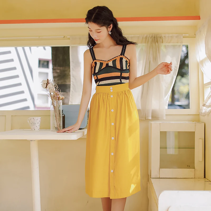 Новинка 2020 летний модный Цветной полосатый вязаный желтый жилет без рукавов топ +