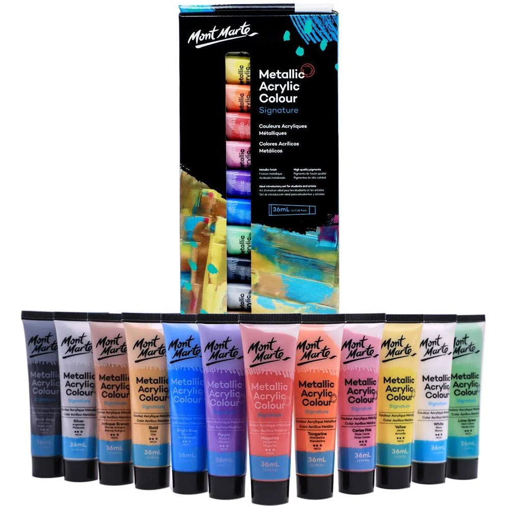 

Premium Metallic Acrylic Paint Set 12 x 1.02oz 36ml Tubes 12 Colors Suitable for Most Surfaces Including Canvas Card Paper Wood