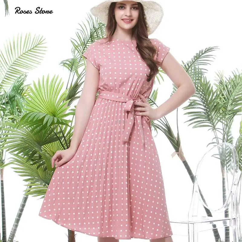 

2021 New Summer Pleated Polka Dots Midi Dresses Pink Elegent Vintage Party Holiday Beach Dress Female Casiual Vacation Clothes