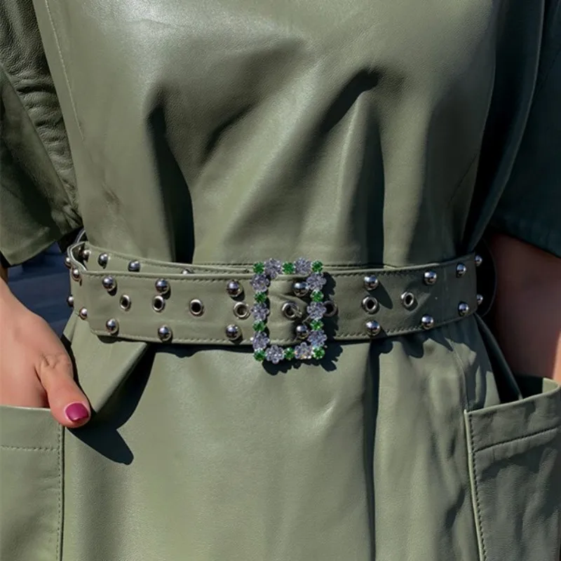 

Autumn Women O-Neck Office Short Dress Streetwear Big Pockets Crystal Sashes Party Dress Fashion Green Flare Sleeve Loose Dress
