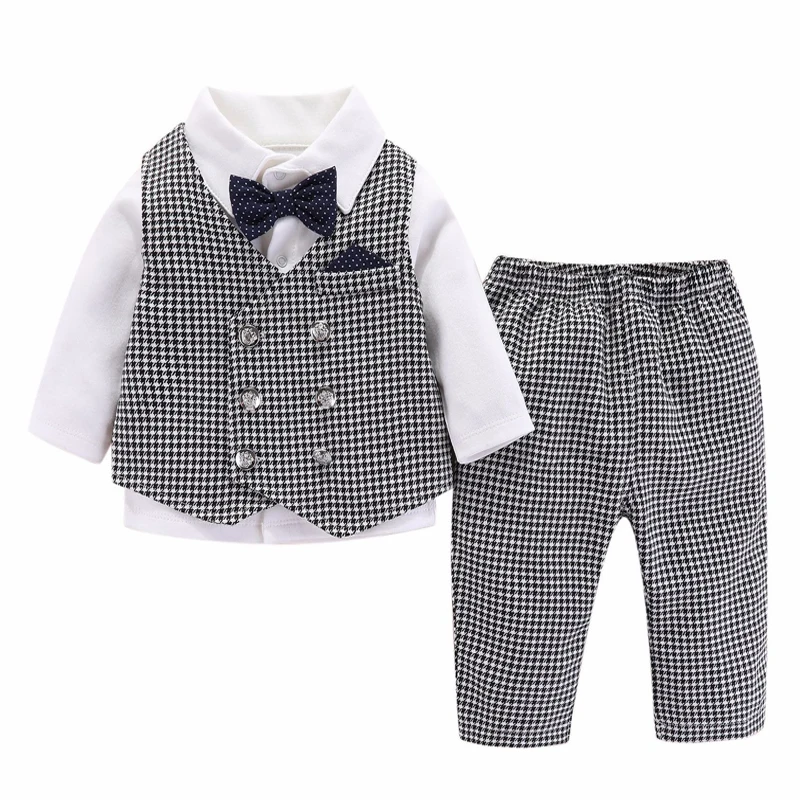 

Toddler Clothing for Boys Cotton Suit Gentleman Plaid Dress 4 PCS Infant Children Outfit Vest + T-Shirt + Pants +Bow Formal Set