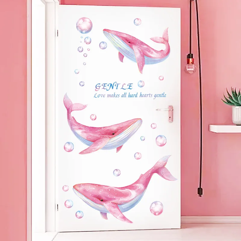 

Pink Whale Wall Stickers for Girls Room Decoration Mural Kids Bedroom Kindergarten Door Living Room Decor Sofa TV Backdrop Decal