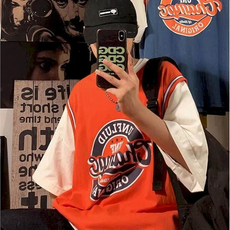 

Summer fake two-piece t-shirt printed short-sleeved men Hong Kong style loose all-match top Korean hip-hop sportsman streetwear