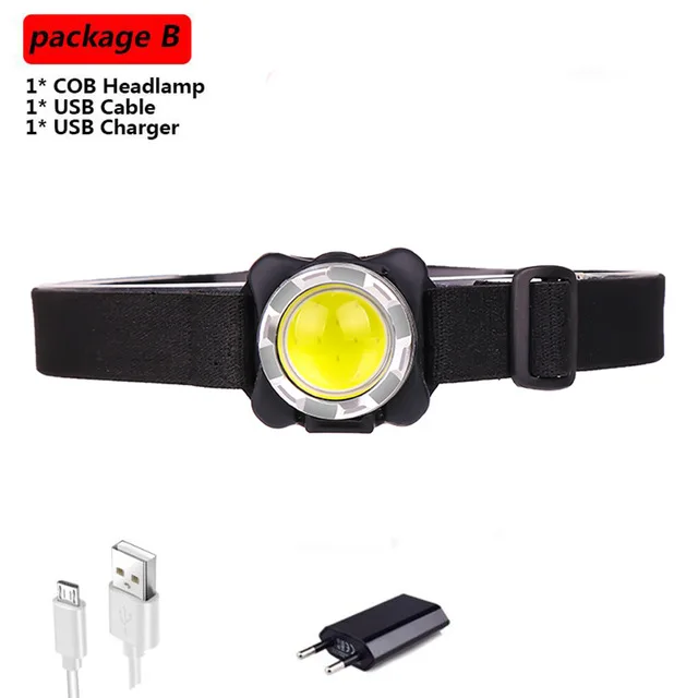 Package B Brightest Headlamp USB Headlight COB LED Head Lamp Rechargeable Head Light Waterproof with Built-in Battery White Red Lighting - Испускаемый цвет: Package B