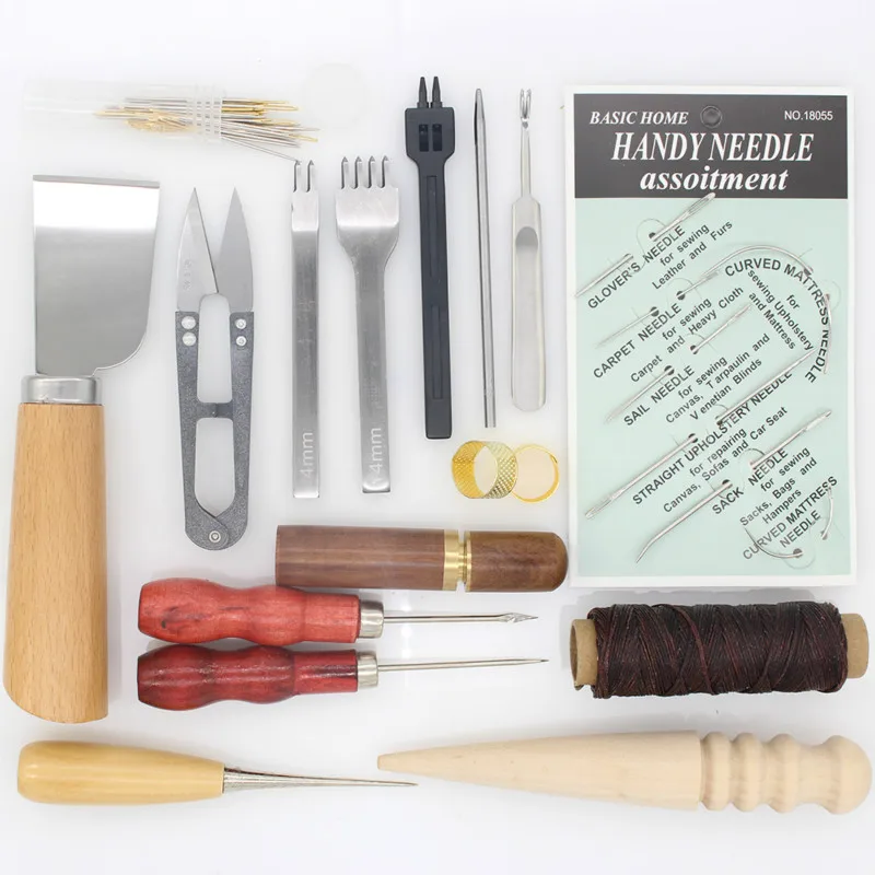 15 Pcs / Lot Leather Sewing Hand Tools Set Needle Edge Hole Punching Wax Thread Knife Scissors Awl and With or Hook|Наборы