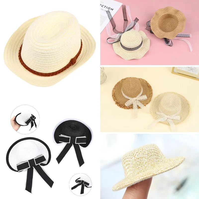 

1PCS New Fashion Handmade Style Lace Straw Hat Sun Cap Ribbon With Bow for Doll Decor Accessories Toys