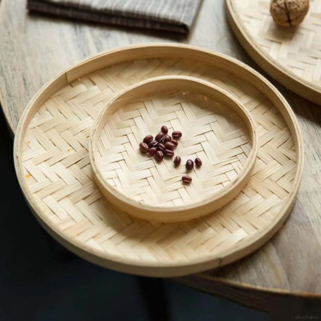 

Handmade Bamboo Weaving Sieve Fruit Tea Basket Raft Round Dustpan Snack Food Bread Vegetable Storage Tray Kitchen Organizer