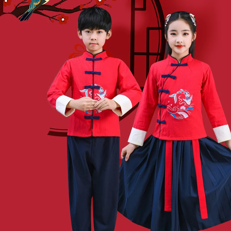 Детские китайские костюмы синий ретро дизайн с пряжкой благоприятная вышивка