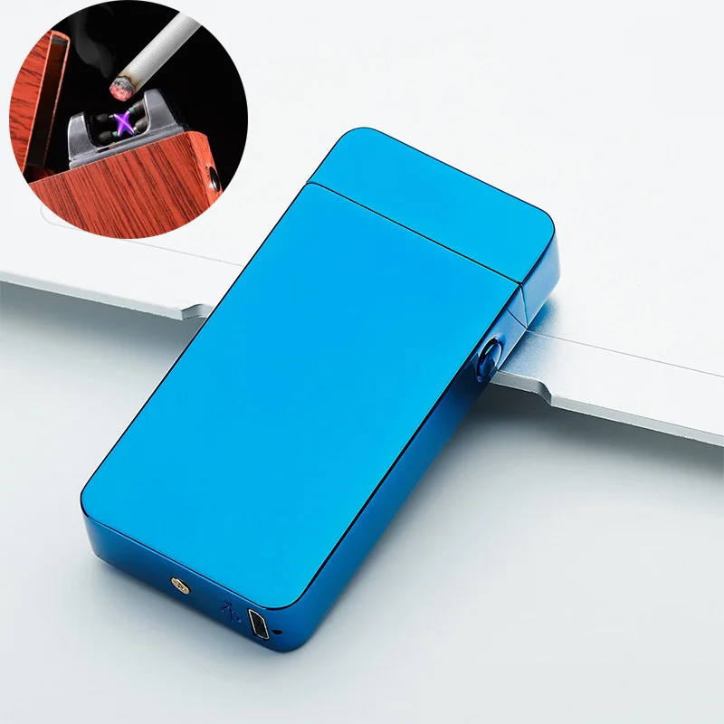 Blue Двойные электронные дуги прикуривателя USB металла Перезаряжаемые Ветрозащитный Непламено Электрический зажигалки плазмы с Дисплей свет зажигалка зажигалка usb - Цвет: Blue
