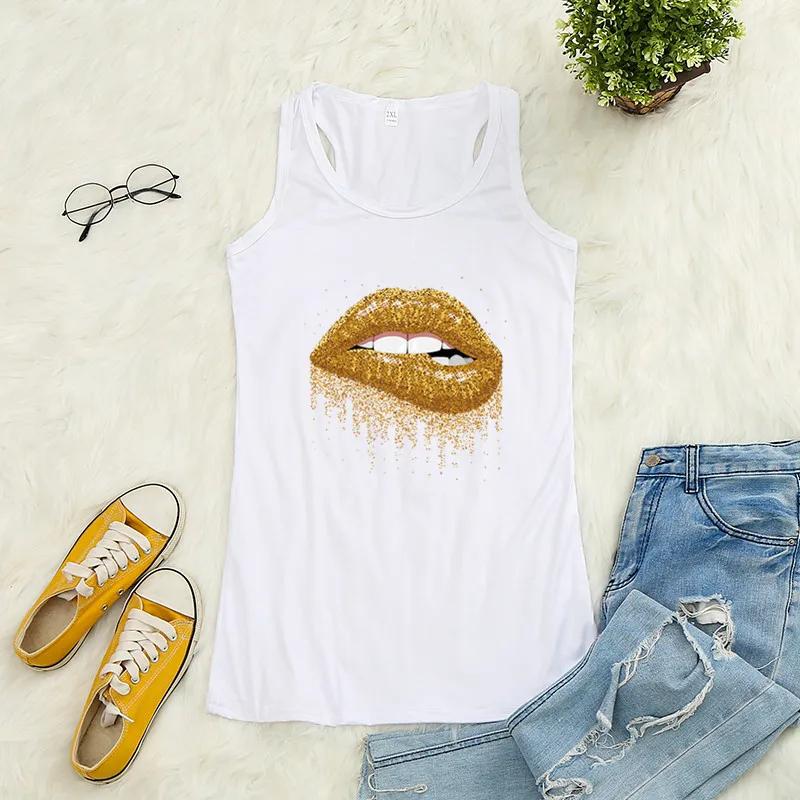 

Golden lip Printed Crop Top Women Sleeveless O Neck Tank Top Summer Ladies Casual Loose Vest Haut Femme Ropa Mujer